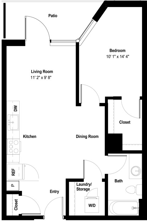 Floor plan for 1 bed, 1 bath, 699 sqft